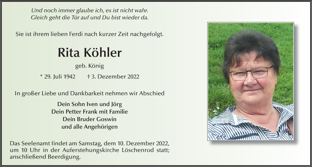  Traueranzeige für Rita Köhler vom 07.12.2022 aus FZ