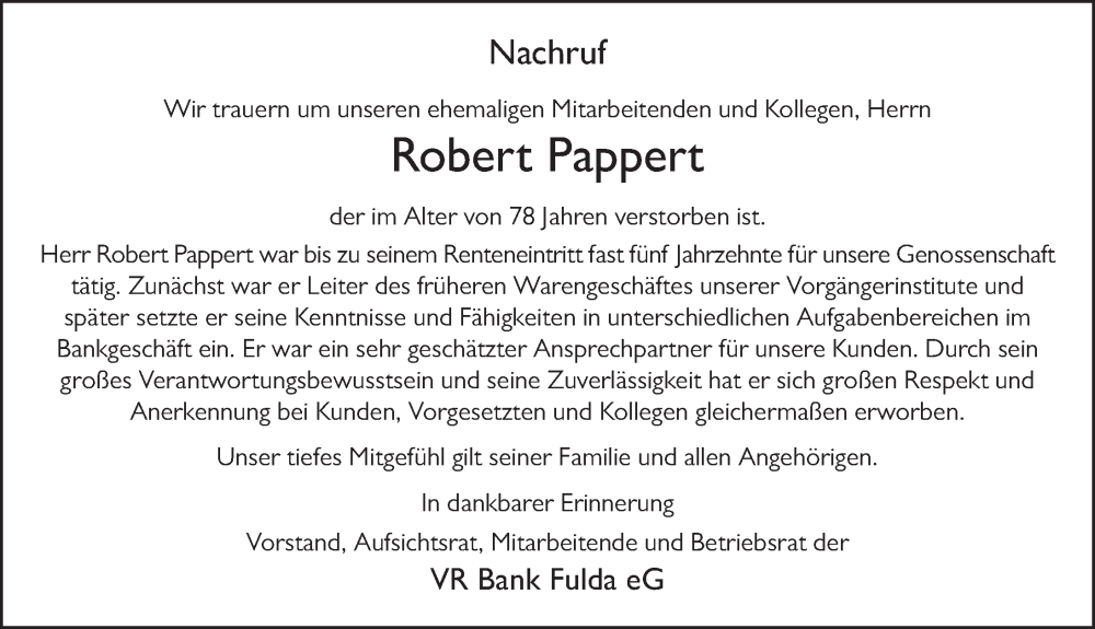  Traueranzeige für Robert Pappert vom 08.12.2022 aus FZ