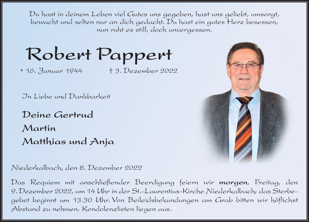  Traueranzeige für Robert Pappert vom 08.12.2022 aus FZ