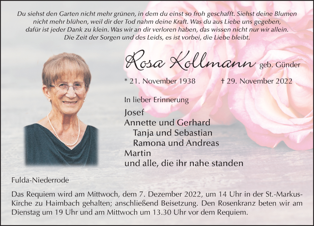 Traueranzeige für Rosa Kollmann vom 03.12.2022 aus FZ