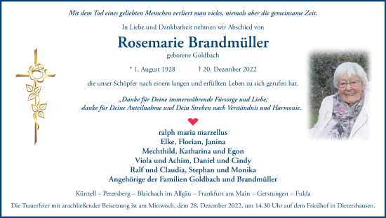 Traueranzeige von Rosemarie Brandmüller von FZ