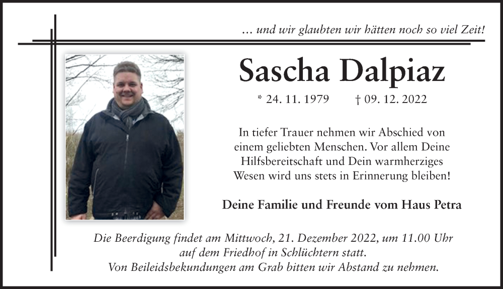  Traueranzeige für Sascha Dalpiaz vom 17.12.2022 aus FZ
