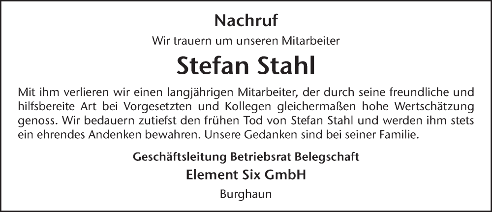  Traueranzeige für Stefan Stahl vom 01.12.2022 aus FZ