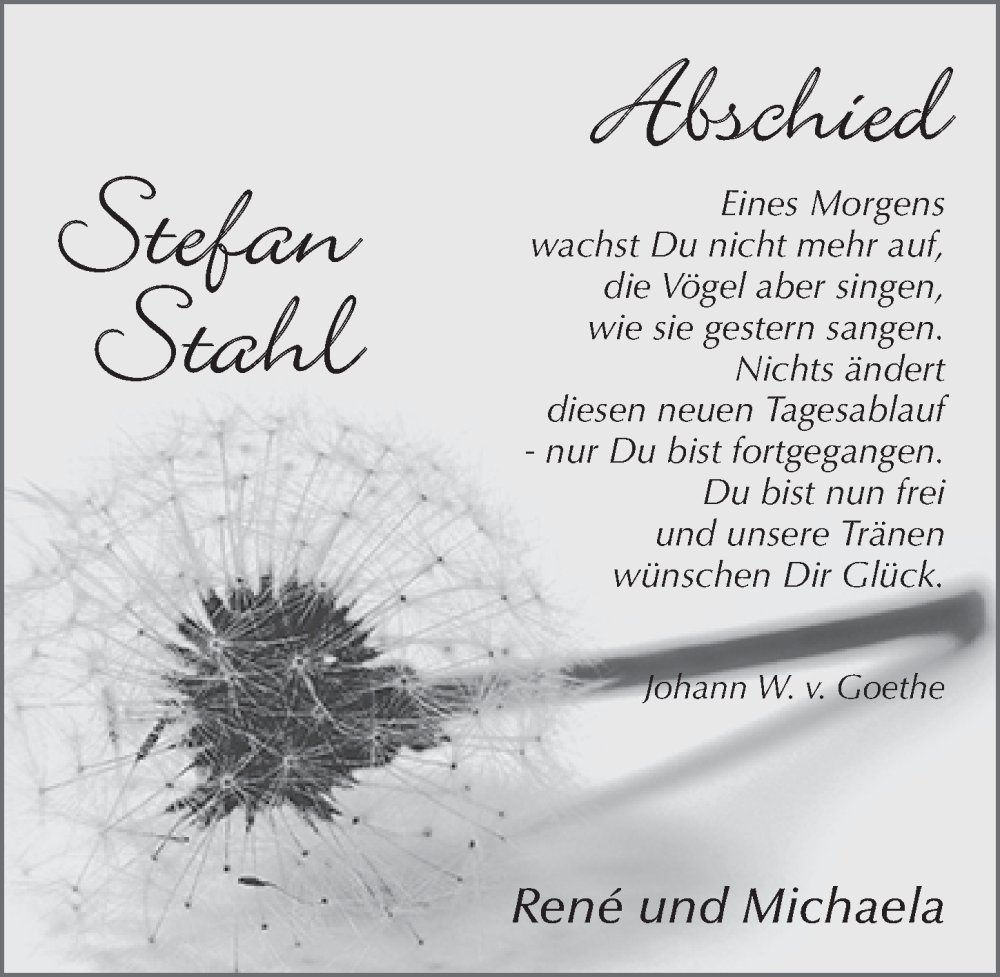  Traueranzeige für Stefan Stahl vom 02.12.2022 aus FZ
