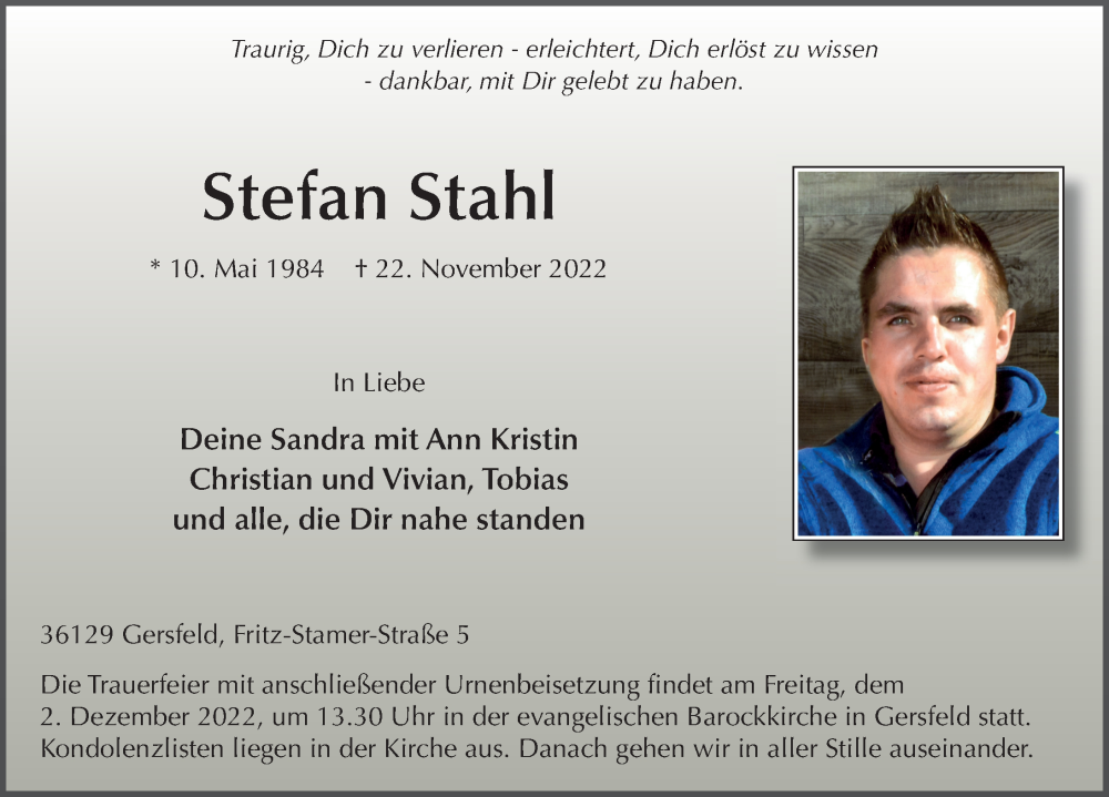  Traueranzeige für Stefan Stahl vom 01.12.2022 aus FZ