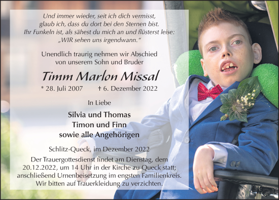 Traueranzeige von Timm Marlon Missal von FZ