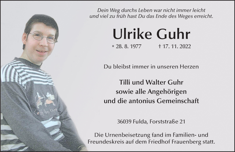  Traueranzeige für Ulrike Guhr vom 03.12.2022 aus FZ