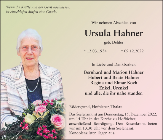 Traueranzeige von Ursula Hahner von FZ