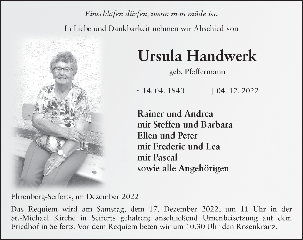  Traueranzeige für Ursula Handwerk vom 15.12.2022 aus FZ