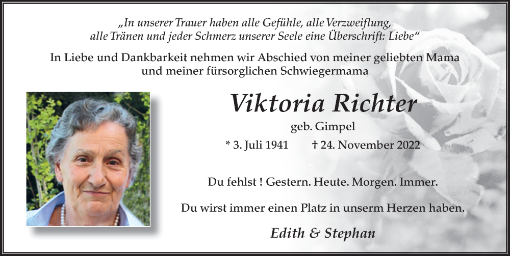  Traueranzeige für Viktoria Richter vom 15.12.2022 aus FZ