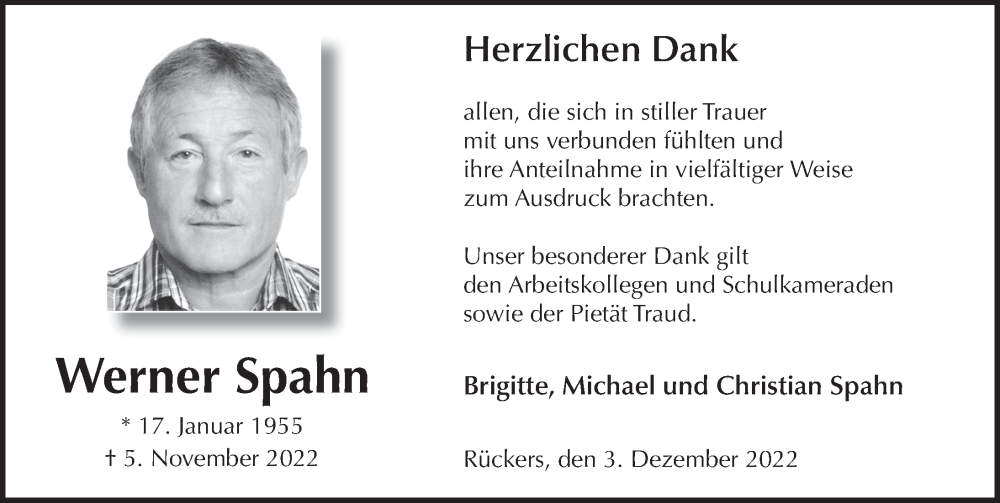  Traueranzeige für Werner Spahn vom 03.12.2022 aus FZ