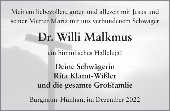 Traueranzeige von Wilhelm Franz Gregor Malkmus von FZ