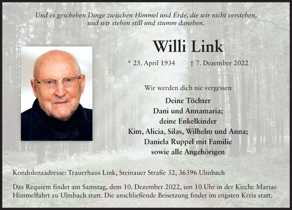  Traueranzeige für Willi Link vom 09.12.2022 aus FZ