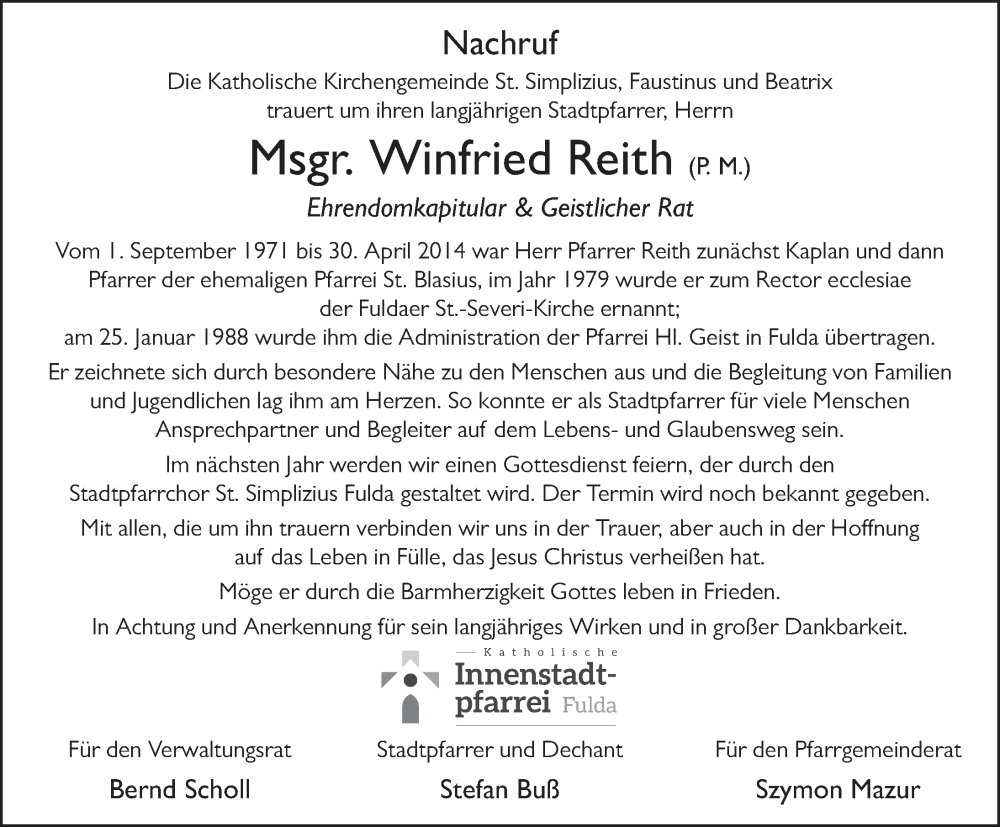  Traueranzeige für Winfried Reith vom 21.12.2022 aus FZ
