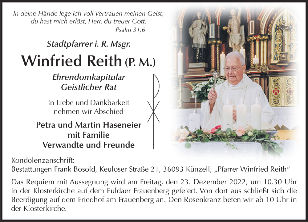  Traueranzeige für Winfried Reith vom 20.12.2022 aus FZ
