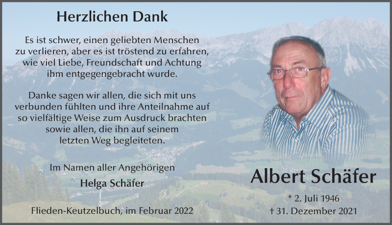  Traueranzeige für Albert Schäfer vom 18.02.2022 aus FZ
