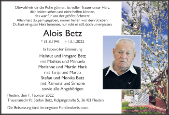 Traueranzeige von Alois Betz von FZ