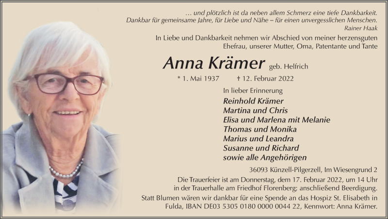  Traueranzeige für Anna Krämer vom 16.02.2022 aus FZ