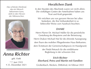 Traueranzeige von Anna Richter von FZ