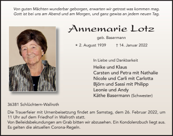 Traueranzeige von Annemarie Lotz von FZ