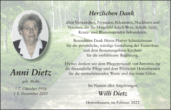 Traueranzeige von Anni Dietz von FZ