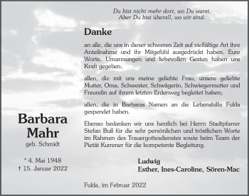Traueranzeige von Barbara Mahr von FZ