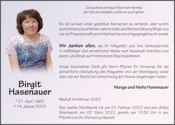 Traueranzeige von Birgit Hasenauer von FZ