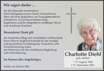 Traueranzeige von Charlotte Ruth Diehl von FZ