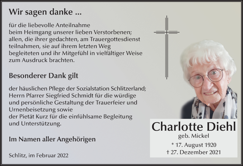  Traueranzeige für Charlotte Ruth Diehl vom 26.02.2022 aus FZ