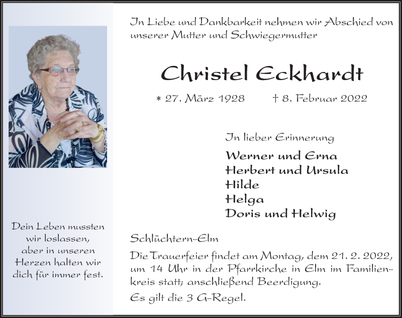  Traueranzeige für Christel Eckhardt vom 17.02.2022 aus FZ