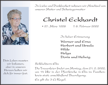 Traueranzeige von Christel Eckhardt von FZ