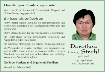 Traueranzeige von Dorothea Strehl von FZ