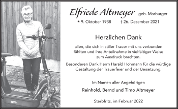 Traueranzeige von Elfriede Altmeyer von FZ