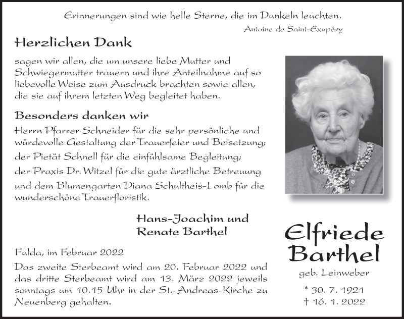  Traueranzeige für Elfriede Barthel vom 12.02.2022 aus FZ