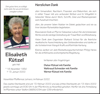Traueranzeige von Elisabeth Rützel von FZ