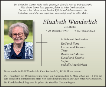 Traueranzeige von Elisabeth Wunderlich von FZ