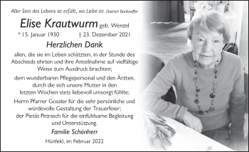 Traueranzeige von Elise Krautwurm von FZ
