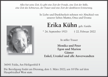 Traueranzeige von Erika Kühn von FZ