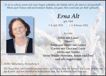 Traueranzeige von Erna Alt von FZ
