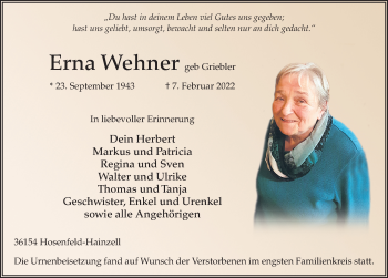 Traueranzeige von Erna Wehner von FZ