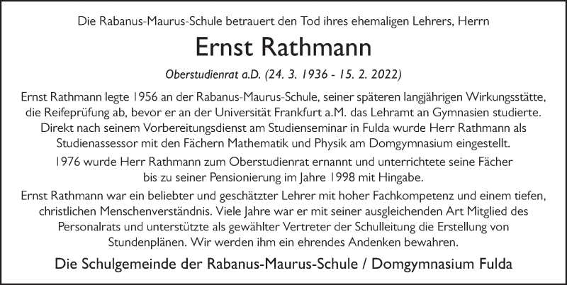  Traueranzeige für Ernst Rathmann vom 19.02.2022 aus FZ