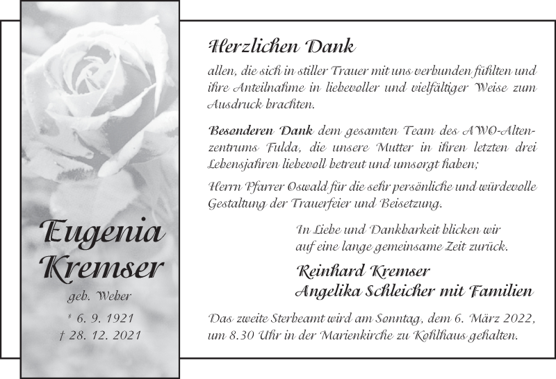  Traueranzeige für Eugenia Kremser vom 19.02.2022 aus FZ