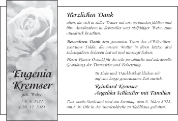 Traueranzeige von Eugenia Kremser von FZ