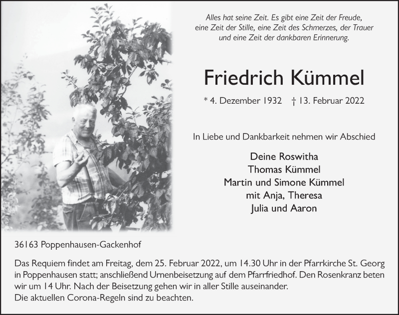  Traueranzeige für Friedrich Kümmel vom 21.02.2022 aus FZ