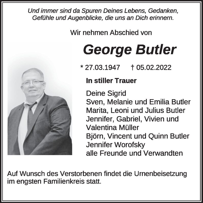  Traueranzeige für George Butler vom 12.02.2022 aus FZ