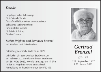 Traueranzeige von Gertrud Brenzel von FZ