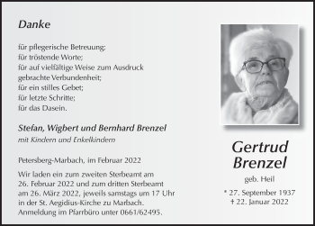 Traueranzeige von Gertrud Brenzel