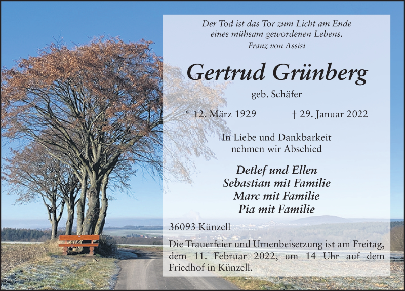  Traueranzeige für Gertrud Grünberg vom 09.02.2022 aus FZ