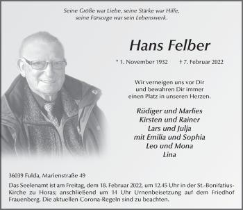 Traueranzeige von Hans Felber von FZ