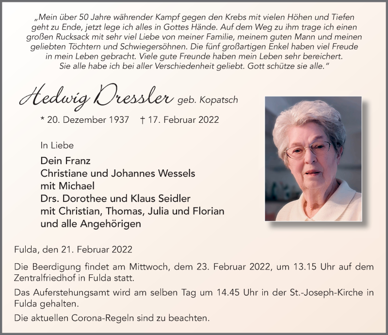  Traueranzeige für Hedwig Dressler vom 21.02.2022 aus FZ